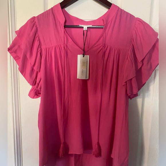A Loves A Women Pink Tasseled Ruffle Layered Short Sleeve V-Neck Top Blouse L - Picture 4 of 15